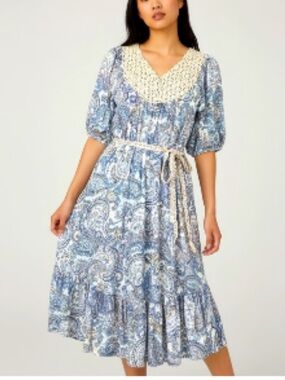 LUCKY BRAND Women’s Blue Paisley Puff Sleeve Midi Dress size XS with Tie Belt